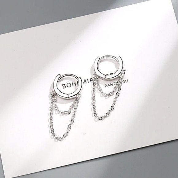 *925 Sterling Silver Huggie Hoop Chain Earrings - Picture 5 of 6